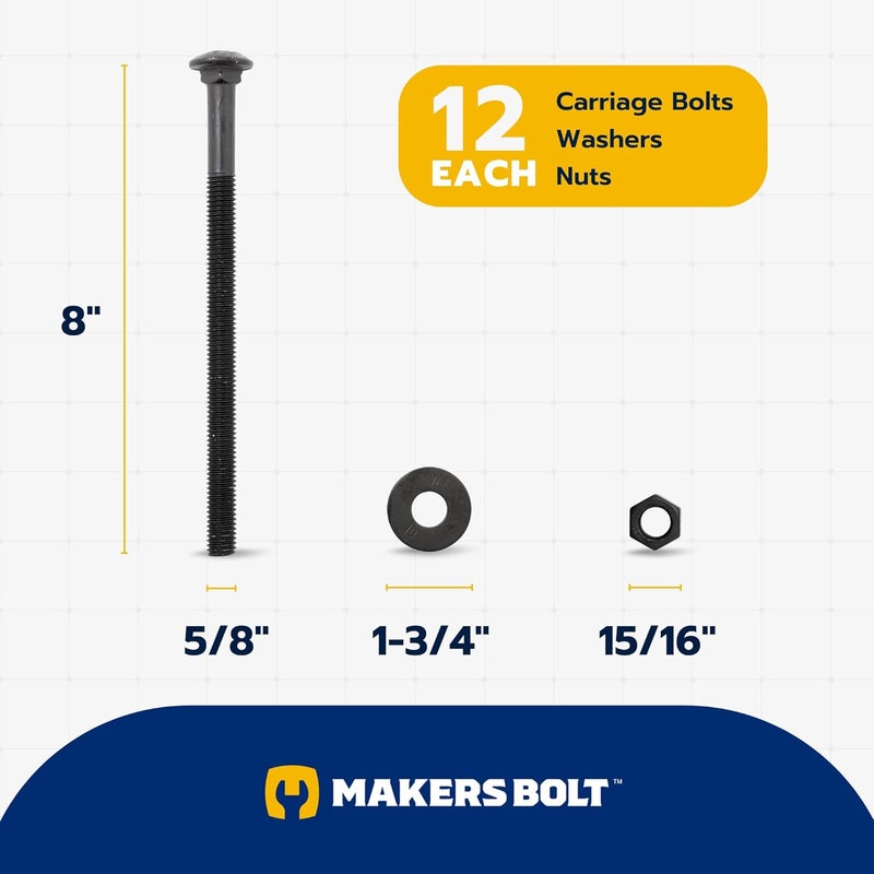 MAKERS BOLT 5/8 in. x 8 in. Black Carriage Bolt Kit Includes 12 Bolts, 12 Washers, and 12 Nuts, Ceramic Black Ruspert Coated for Exterior Use - 2X Rust Resistance of Galvanized by - Image 2